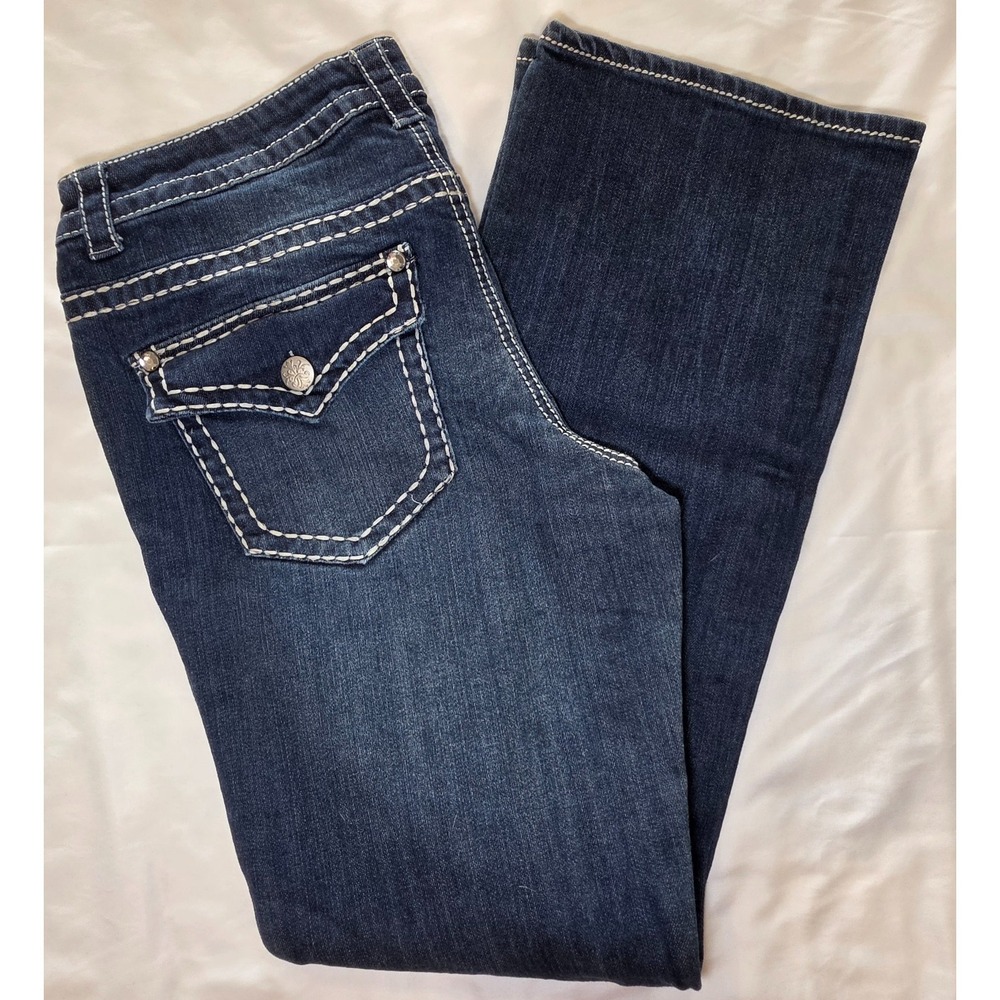 Paisley Sky Womens Jeans 12 Bootcut Y2K Western Rhinestone Thick Stitch Dark Was
